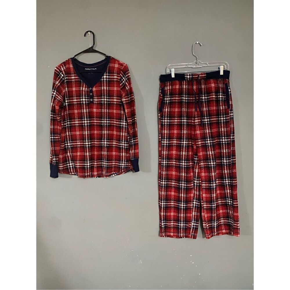 Nautica Red Blue Plaid Long Sleeve Pajama Pants Set Size Medium